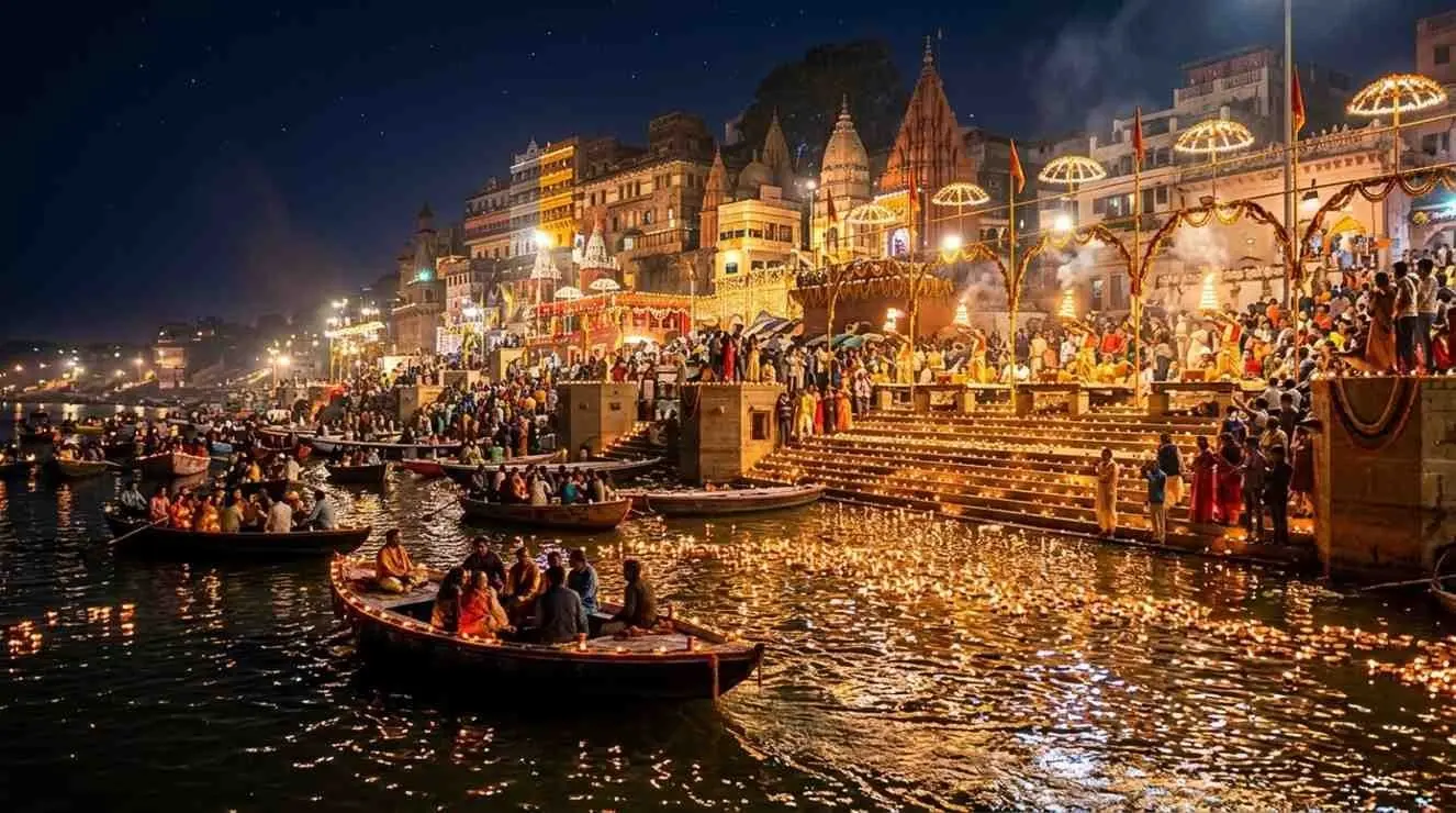 Illuminated ghats and boats on the Ganga during Dev Diwali